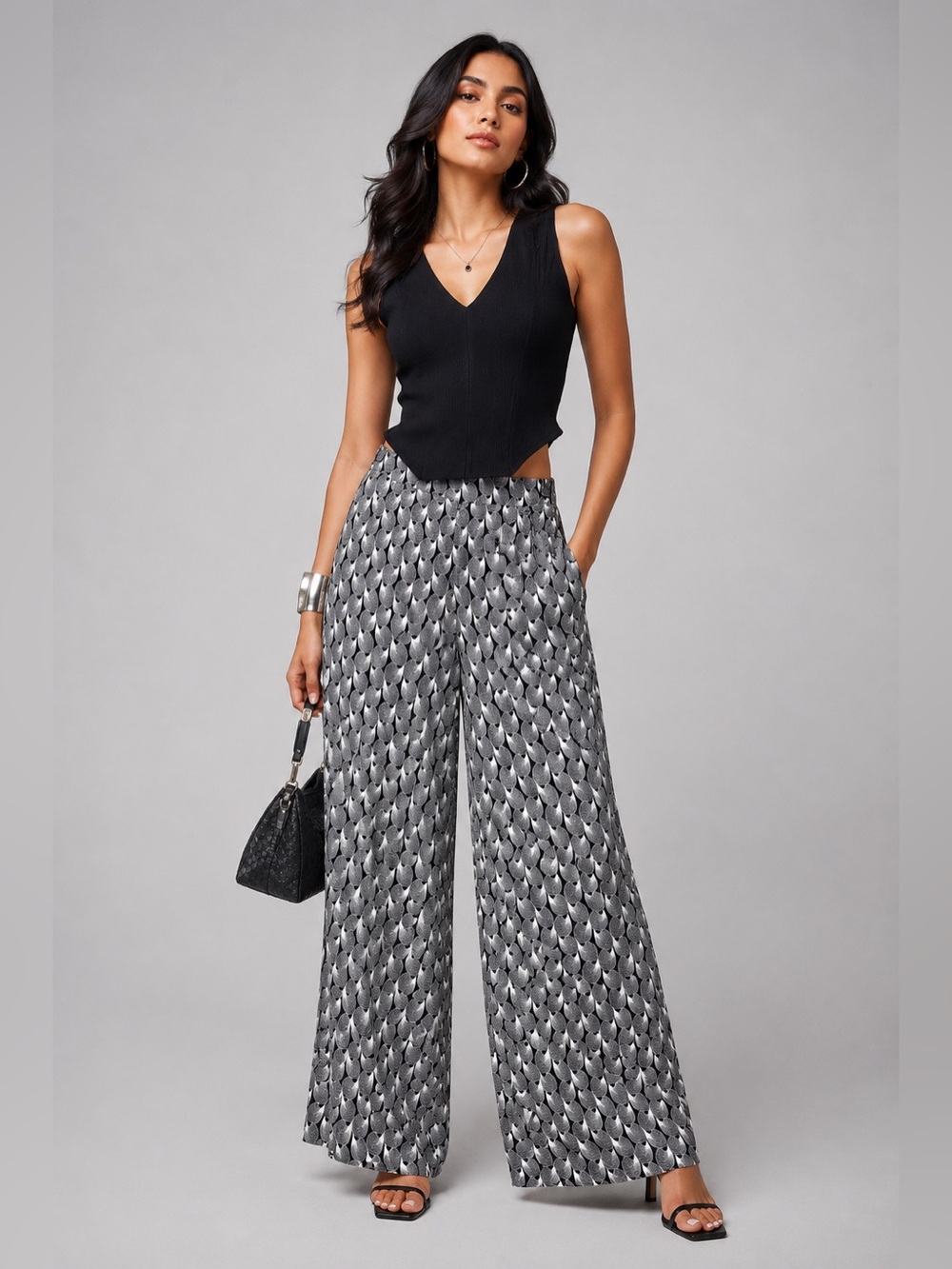 Max Studio Wide Leg Neutral Geometric Black White Print Pull-Up Pants Size L